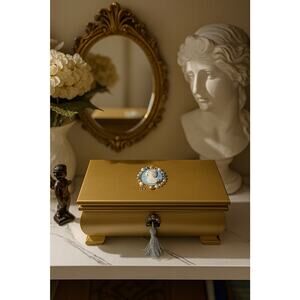 Ornate Gold Cameo Jewelry Box, Vintage Style Trinket Chest w/ Tassel Coquette